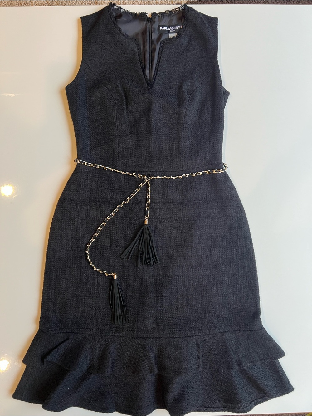 Karl Lagerfeld Textured Sleeveless Dress with ruffles Tassel-Gold Chain Belt